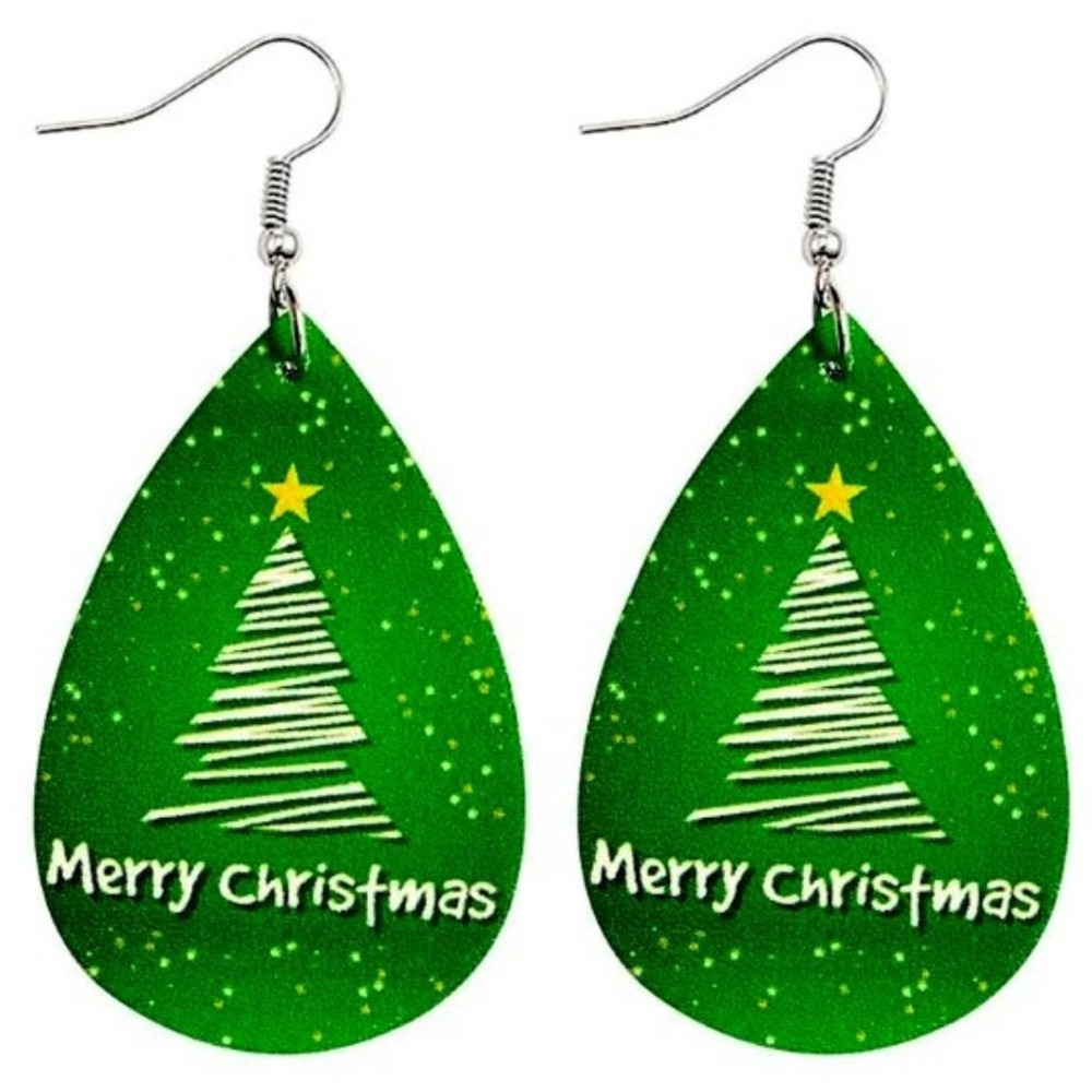 Merry Christmas Green with White Tree Vegan Leather Teardrop Earrings